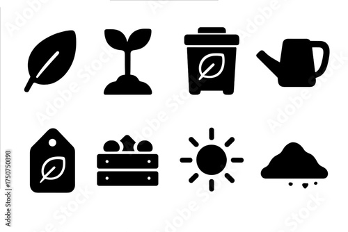 Organic Farming Icons. Organic Farming. Filled icon set of Organic Farming: leaf, plant sprout, compost bin,