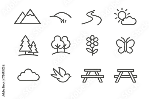 Outdoor Family Icon Set. Family portraits in natural settings (outdoor family shoots). Line outline icon set