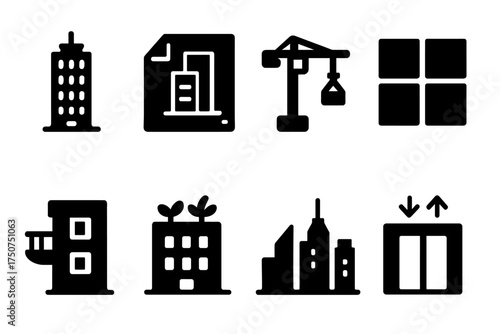 Skyscraper Icon Set. Skyscraper Concepts. Filled icon set of Skyscraper Concepts: skyscraper, blueprint, crane