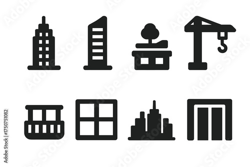 City Skyline Icons. City Skyline Designs. Filled icon set of City Skyline Designs: skyscraper, office tower,