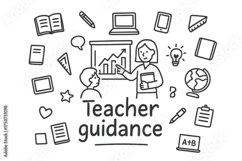 Teacher Guidance Doodle. Teacher guidance. Hand-drawn doodle illustration of Teacher guidance. In the middle,