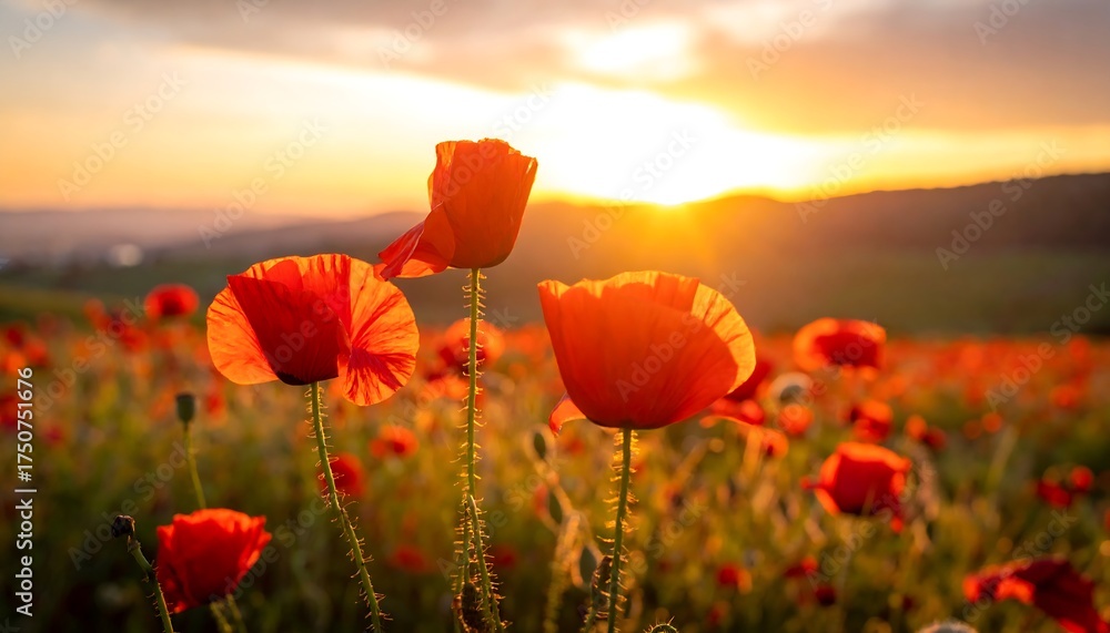 Fototapeta premium Field of vibrant red blooms under a warm, radiant sunset