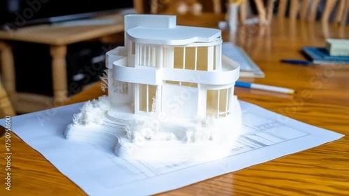 A 3D printed architectural model of a modern home sits on a table.