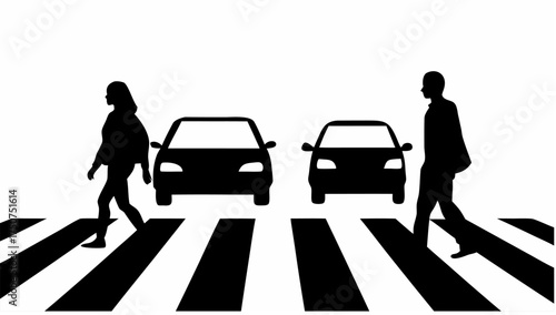 Illustration of two cars and two people crossing a crosswalk with black and white stripes on a white background