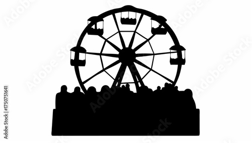 Silhouette of a ferris wheel with passenger cars and a crowd of people in front on a white background