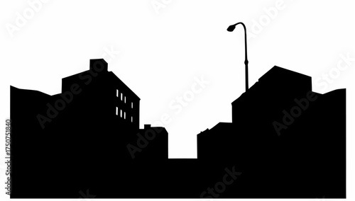 Silhouette of buildings and a street light against a white background depicting a city street view