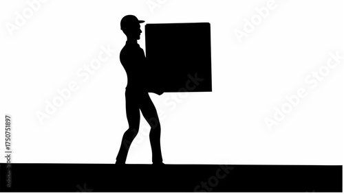 Silhouette of a delivery man in a cap carrying a large rectangular package against a white background wall
