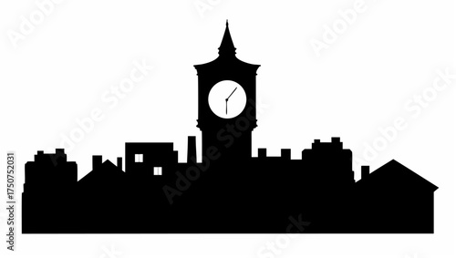 Silhouette of a city skyline featuring a prominent clock tower against a white background in vector format