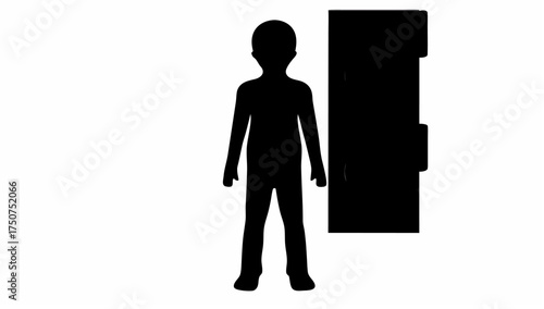 Silhouette of a person standing next to a tall black object with handle on a white background view