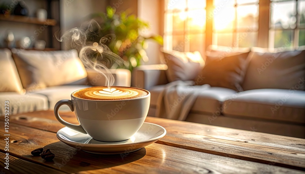 Obraz premium Enjoying a warm, steaming cup of latte art coffee in a sunlit living room at home. Perfect for a cozy morning or relaxing break.