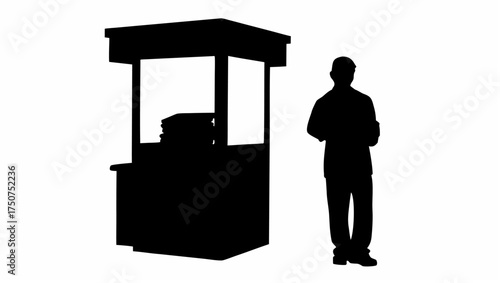 Silhouette of a person standing next to a kiosk with stacked items inside in a black and white image