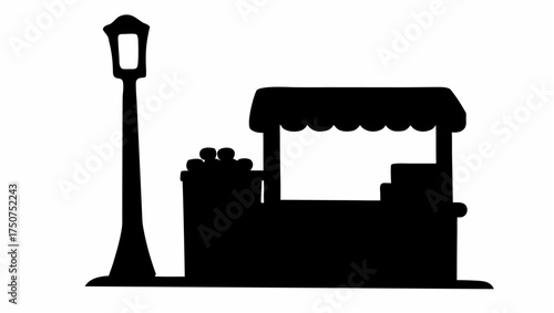 Silhouette of a street vendor stall with a striped awning next to a vintage street lamp in black