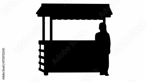 Silhouette of a market stall with a scalloped awning and a person standing behind the counter area