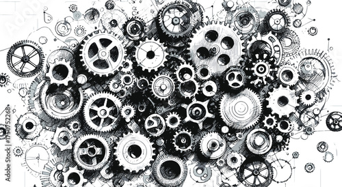  Dense interlocking gears form a complex mechanical network, conveying engineering, precision, and innovation. This abstract machinery image suits tech, industry, automation,