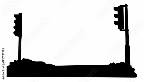 Silhouette of a road with traffic lights on either side creating a frame like structure on white background