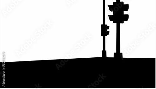 Silhouette of traffic lights and a pole against a white backdrop on a dark ground in a simple design