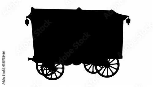 Silhouette depiction of a covered wagon showing the wheels and the canvas top in a solid black color