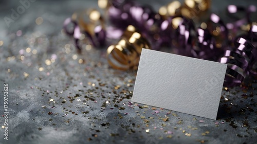 A blank white card rests on a textured surface surrounded by festive New Year deco ns and sparkling confetti