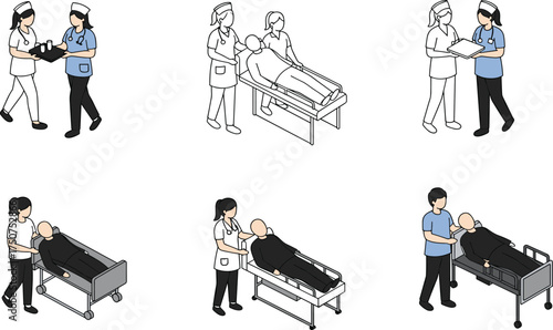 Medical silhouette, nurse with syringe, doctor with clipboard, patient in bed, healthcare worker, hospital care, patient support, clinical job, illustration