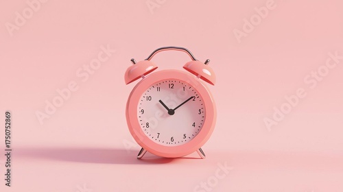 Pink alarm clock on a pastel pink background, simple object, studio shot