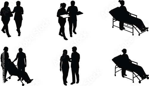 Medical silhouette, doctor with clipboard, nurse assisting patient, hospital bed, wheelchair care, healthcare worker, medical staff, patient support, hospital job, illustration