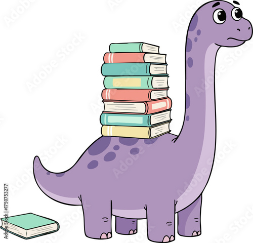 Cartoon dinosaur carrying a stack of books looks worried on a black background