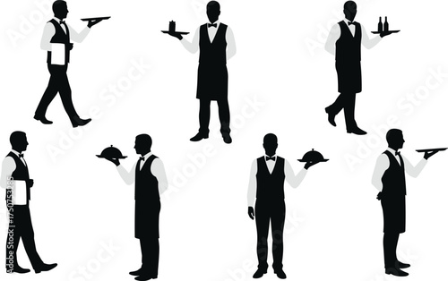 Waiter silhouette, restaurant server, holding tray, serving drinks, food service, formal attire, hospitality worker, client service, professional job, illustration