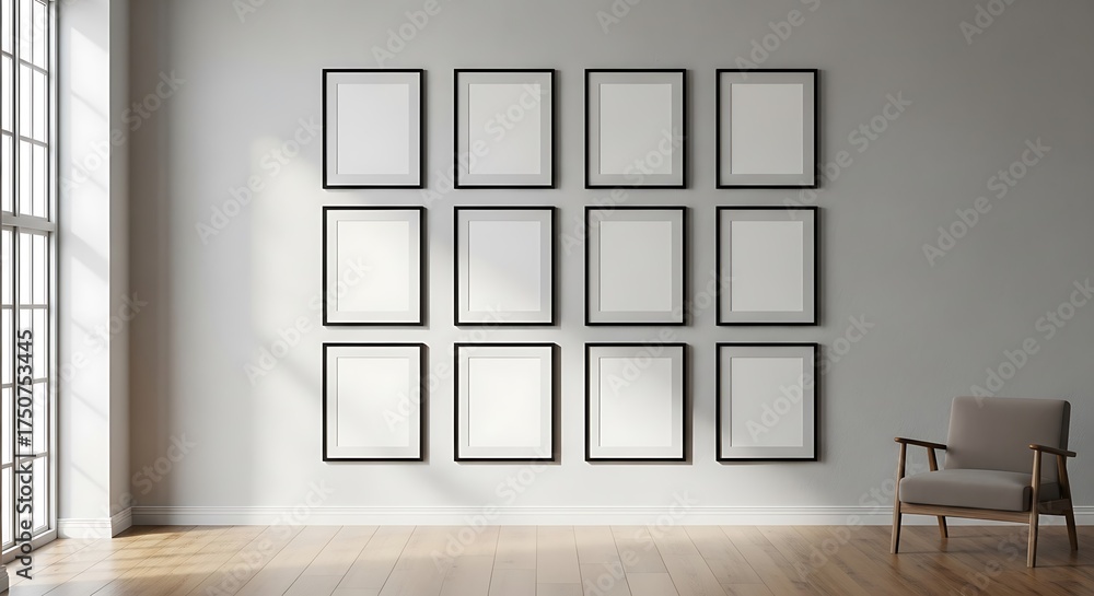 Fototapeta premium Minimalist Gallery Wall Mockup with Natural Light and Modern Chair.