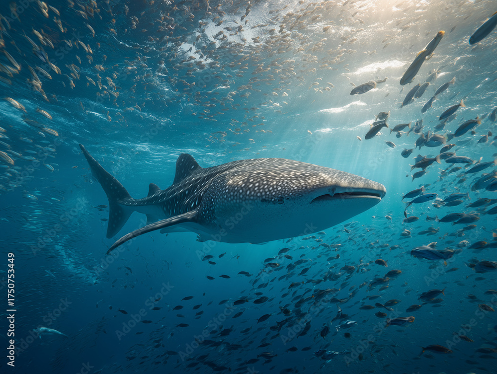 Fototapeta premium Whale swimming underwater with school of fish