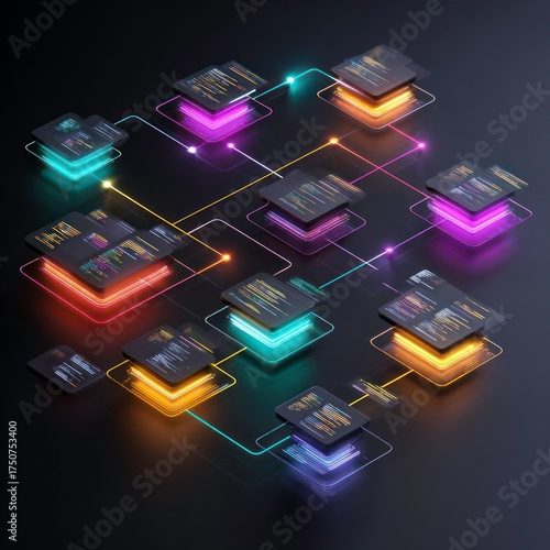 Abstract technology background featuring a digital network of colorful arrows connecting electronic circuit board icons for a modern 3D business data communication concept