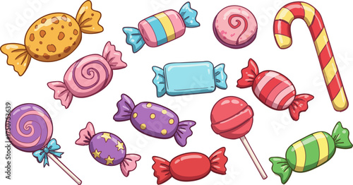 Colorful assortment of candies including lollipops and wrapped sweets on black background