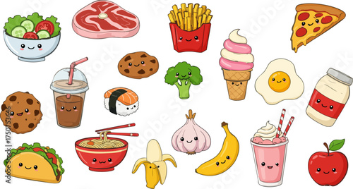 Cute kawaii food illustration featuring various dishes on a black background design