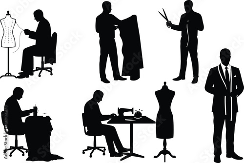 Tailor silhouette, fashion designer, sewing machine, cutting fabric, holding scissors, measuring tape, garment making, clothing design, creative work, professional job, illustration