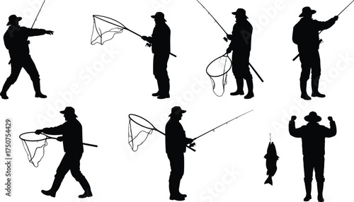 Fishing silhouette, fisherman with rod, casting line, holding net, catching fish, outdoor activity, angler sport, hobby lifestyle, celebration, black illustration