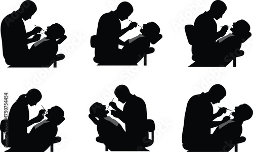 Dentist, dental chair, patient treatment, oral care, healthcare professional, medical clinic, dental procedure, hygiene check, tooth examination, modern dentistry, silhouette illustration