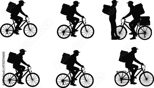 Delivery worker silhouette, courier on bicycle, carrying package, logistics service, parcel transport, shipping job, manual labor, courier staff, black illustration