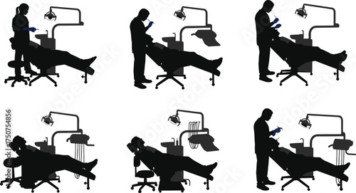 Flat vector dentist silhouettes, dental clinic treatment poses, patient care illustration, healthcare profession icons, isolated black figures, medical design set