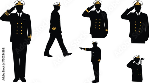 Flat vector naval officer silhouettes, military captain uniform poses, maritime crew illustration, professional sailor icons, isolated black figures, formal design