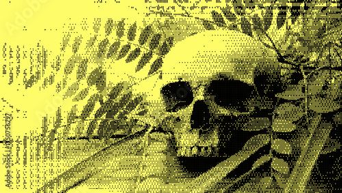 Vintage bitmap skull among tropical leaves. Retro halftone horror poster with grunge noise texture, surreal gothic design, creepy macabre concept in dark collage illustration style