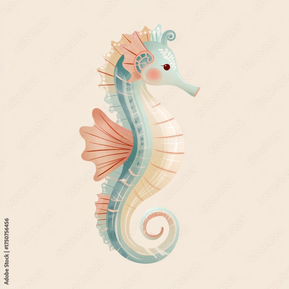 Fototapeta premium Colorful seahorse illustration featuring a delicate design, showcasing vibrant shades of blue and peach against a soft cream background