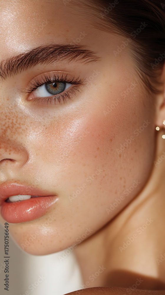 Fototapeta premium Close-up shot of a woman's face highlighting flawless skin, delicate freckles, and radiant glow. An intimate portrait of natural beauty.