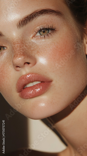 Close-up of a woman's radiant face with glossy lips, freckles, and dewy skin highlighted by natural light, emphasizing her natural beauty.