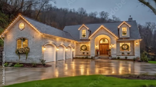 A charming, well-lit house with Christmas decorations, showcased on a wet driveway.