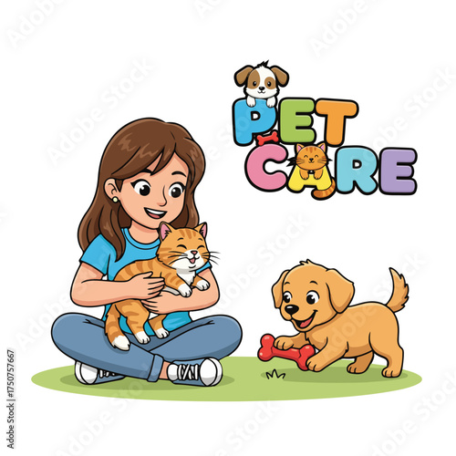Adorable cartoon girl lovingly holding cute ginger cat with playful puppy, promoting pet care services with warmth and charm for animal lovers