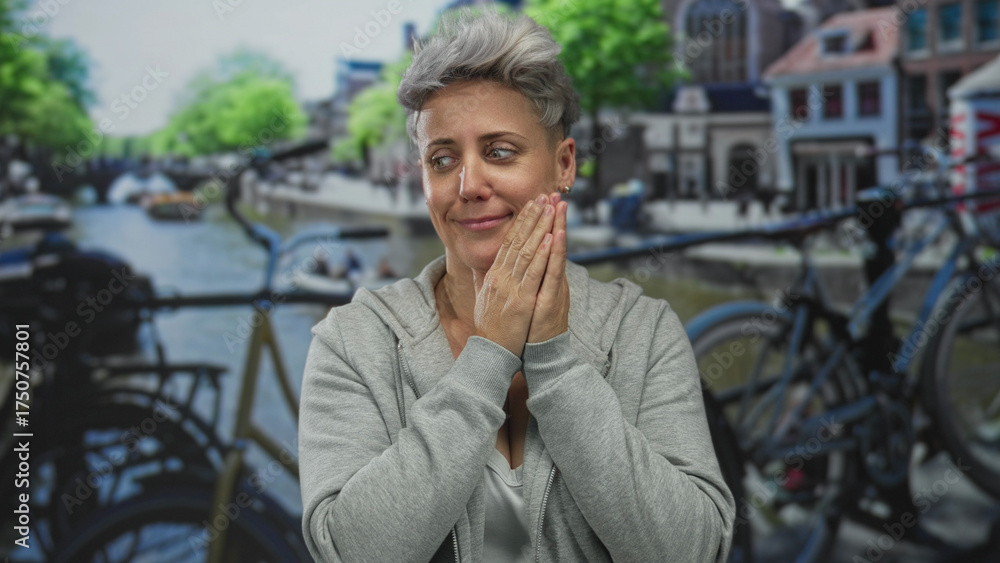 Fototapeta premium Woman with cropped hair and grey hoodie covering mouth with hands stands near canal bicycles on city street; surprise.