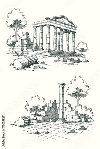 Vintage hand-drawn illustration of ancient ruins and stone columns in engraving style. Perfect for history books, posters, or travel art.