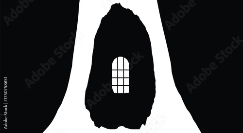 Mysterious Barred Window in a Dark Cave or Silhouette Opening - Minimalist Abstract Graphic