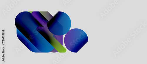 Abstract shapes overlap, creating vibrant color gradients. Blue, purple, green hues dominate composition. Minimalist design, modern aesthetic.