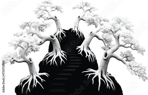 Surreal Black and White Landscape with Glowing White Bonsai Trees and Mysterious Staircase on a Dark Hill, Symbolizing Path and Enlightenment