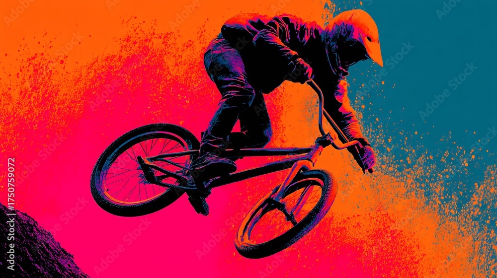 Fototapeta premium Dynamic bmx rider performing a spin in mid-air with neon tones of orange and magenta vibrance